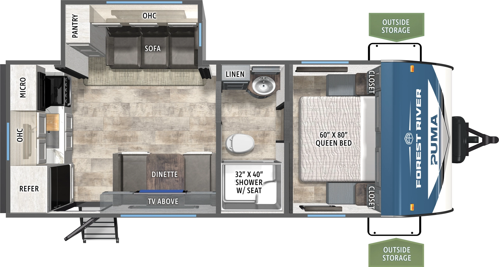 The Puma 227RK floorplan has one entry and one slide out. Exterior features include: metal exterior and 18' awning. Interiors features include: rear kitchen, front bedroom and pass through bathroom.